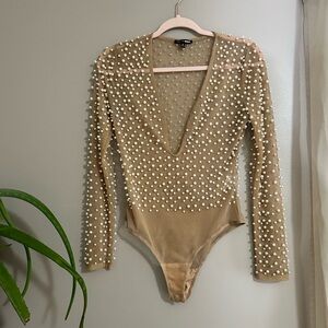 Nude, sheer, pearl bodysuit